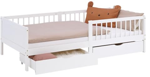 Homestyle4u Kinderbett 90x200 mit Matratze, Lattenrost & Schubladen, Weiß | Massivholz Bodenbett aus Kiefer mit Rausfallschutz, 2 Bettkästen für Stauraum und kindgerechter Rollmatratze Härtegrad 2