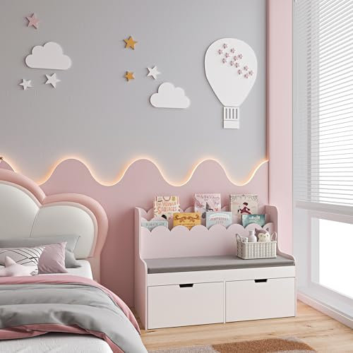 [en.casa] Banc de Lecture avec Étagère pour Enfants Meuble de Rangement avec Coussin Coffre à Jouets avec Tiroirs Bibliothèque MDF Panneau de Particules 100 x 45 x 70 cm Rose Barbe à Papa Blanc