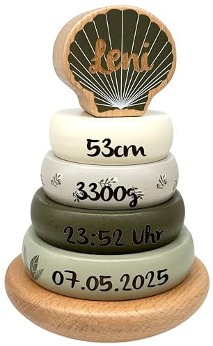 Stapelturm olive - personalisiert I Geschenk zur Geburt & Taufe I Baby Holzspielzeug I Personalisierte Geschenke Baby I Label-Label I Stapelspiel mit Name & Geburtsdaten