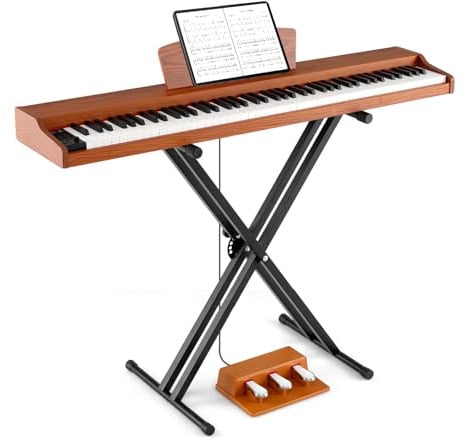 COSTWAY Keyboard Piano 88 Tasten, digital E Piano mit verstellbarem Ständer, dreifachem Pedal & Notenständer, 2 in 1 elektronisches Klavier, E-Piano tragbar für Anfänger, Kinder, Erwachsene (Braun)