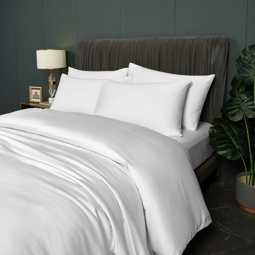 DXHOME Kühlende Bettwäsche 220x240cm Bambus Sommerbettwäsche Weiß Uni 100% Natürlichem Bambusfaser Atmungsaktiv Kühle Bettbezug-Set Luxus Bettbezug mit Reißverschluss und 2 Kissenbezüge 80x80cm