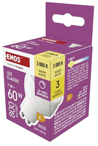 EMOS - Dimmbare Spot LED Lampe, MR16, GU10 Sockel - 7W Ersatz für 60W Halogenlampe - stufenloses Dimmen - Helligkeit 800 lm, Warmweiß 3000 K - 25000 h Lebensdauer, CRI min. 80, 100° Abstrahlwinkel