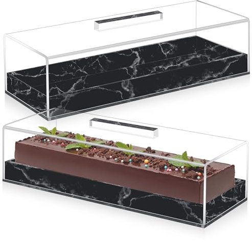 2 Pcs Rectangular Serving Tray with Lid Marbleized Grain Rectangular Cake Stand Acrylic Cake Holder Rectangle Pastry Display Case Elegant Marble Dessert Tray with Lid (Black)
