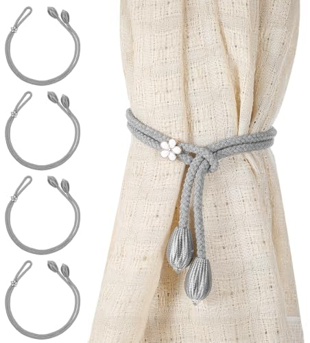 DOPENSPI 4 Stück Handgewebte Blumen Vorhang Raffhalter, 53cm Gardinenhalter ohne Bohren mit Verstellbare Curtain Rope Buckle Boho Raffhalter für Vorhänge Dekoration Wohnzimmer und Schlafzimmer(grau)