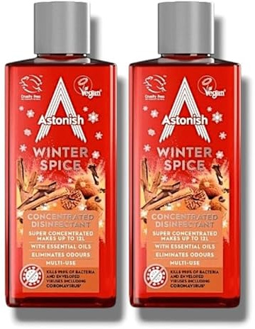2× Astōnish | Winter Spice Concentrated Disinfectant, Vegan Multi-Use Cleaner with Essential Oils, Makes 12L, Eliminates Odours, Kills Bacteria and Viruses | 300mL Each