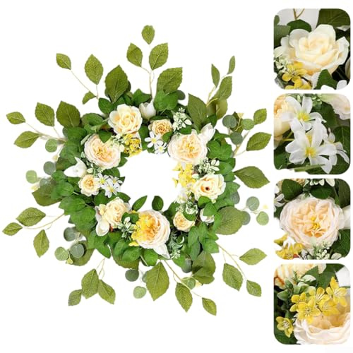 Blumenkranz mit künstlichen Rosen, Pfingstrosen und Eukalyptusblättern für Heimdekoration, inklusive Sonnenblumen-Akzent (Sekt)