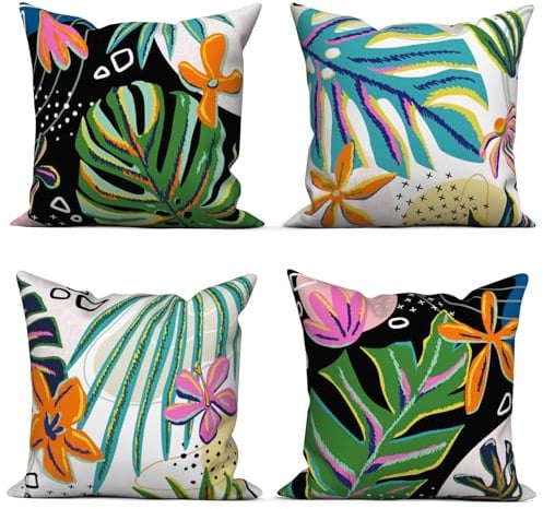 GCIREC Kissenbezüge 40x40cm, Blaue grüne Tropische Blätter Orange Blume Kissenhüllen mit unsichtbarem Reißverschluss Set von 4 Heimdekor für das Leben im Freien