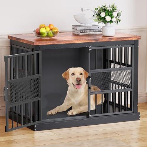 Dog Crate Furniture, 104cm Double-Door Domestic Dog Crate, Modern Indoor Wooden Dog Crate, Side Table, Anti-Chew Anti-Escape, Suitable For Small/Medium/Large Breeds, Black, 104x51x78cm