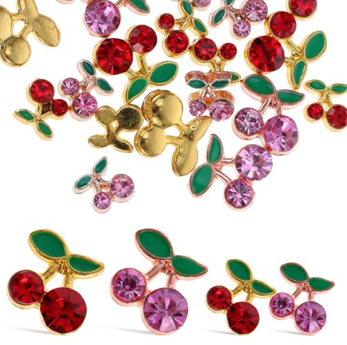 JOINPAYA Breloques pour Ongles Cerise 32 Pièces en Alliage Doré et Rose Doré Strass Rouge et Rose, Petits Bijoux de Manucure 3d pour Nail Art Femme, Décoration D’ongles Diy, Accessoires