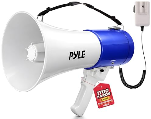 Pyle 50W Portable Megaphone Bullhorn Speaker – Alarm Siren, Adjustable Volume up to 1700 Yards, Aux Input, USB/TF Playback, Lightweight, for Indoor & Outdoor Activities, Sports & Emergency Drills–Blue