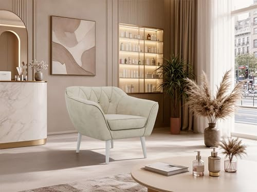 MKS MEBLE Sofa PIRS 1-Sitzer - Skandinavisches Design Couch, Gesteppte Polsterung, Wellenfederung, bequemes Polstersofa für Wohnzimmer - Weiße Beine, Beige Velvet
