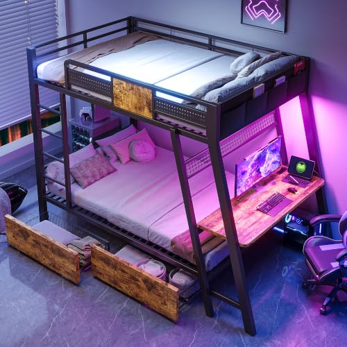 Trdlpyn Letto a Castello in Metallo 90×200cm con Striscia LED, Prese di corrente, Porte USB e Type-C, Scrivania e 2 Cassetto, letto Matrimoniale in ferro, Letto da gaming per Ragazzi(Senza Materasso)