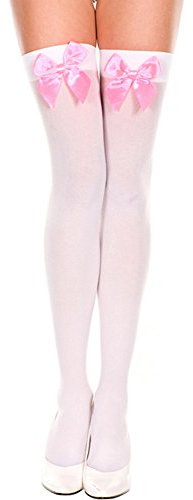 Calze lunghe da donna con fiocchi in raso da 18 mm bianco/rosa. Taglia unica