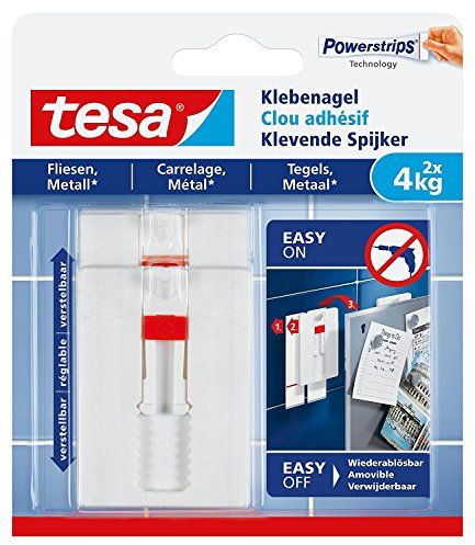tesa® Verstellbarer Klebenagel für Fliesen und Metall, spurlos wiederablösbar, wiederverwendbar (4 kg / 3er Pack)