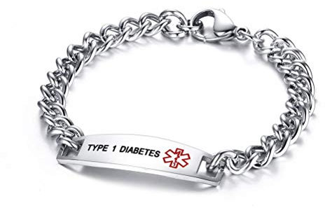 Flongo SOS Damen Medical Armband Männer Armreif, Edelstahl Armkette Kette Panzerkette Silber Krankheit Medical Alert ID Notfall Medizinische Marke Herren-Accessoires Type 1 Diabetes