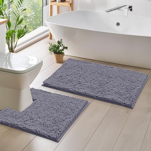 LuxUrux Bathroom Rugs Chenille 2-Piece Bath Mat Set - Soft Plush Bath Mats 1'' Microfiber Shaggy Carpet, Super Absorbent, Machine Washable (Dark Grey, 50x80 cm Ractangluer + 50x50 cm Square Curved)