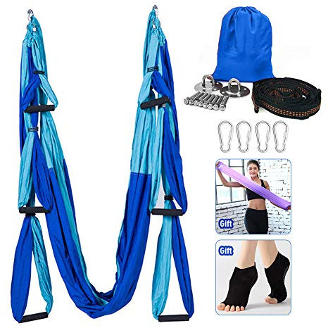 Yoga Hammock, Aerial Yoga Swing Set, Ultra Strong Antigravity Yoga Hammock/Sling/Inversion Tool for Gym Home Fitness (Light blue&Dark blue)