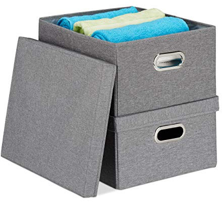 Relaxdays Aufbewahrungsbox 2er Set, Faltbare Ordnungsbox mit Deckel, 25 Liter je Stoffbox, HBT 20,5 x 34,5 x 42 cm, grau