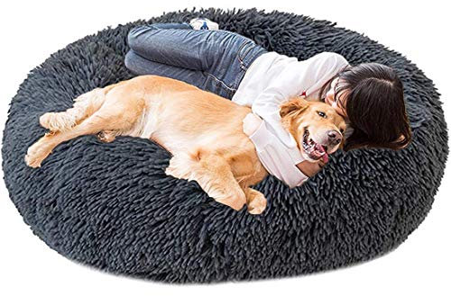 LINRUI Memory Foam XL Hundesofa Orthopädisches für Grosse Mittlere Hunde Hundekissen Waschbar Oval Hoch Hundebett Antistress Flauschiges Rund Kuschelig Hundehöhle XXL Donut Dunkelgrau