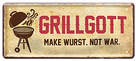 Blechschild Grillgott Make Wurst Not War - Metallschild mit witzigen Spruch für Grill Meister - Retro Deko Schild Terrasse Balkon Garten - Geschenk Grill BBQ - Grill Hobby Zubehör Kugelgrill - 28x12cm