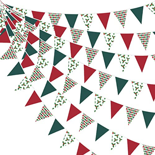 10 m/32Ft Rot Grün Kariert und Stechpalmenbeeren Dreieck Flagge Wimpel Wimpelkette Stoffgirlande für Weihnachten, Neujahr, Feste, Hängende Dekorationen