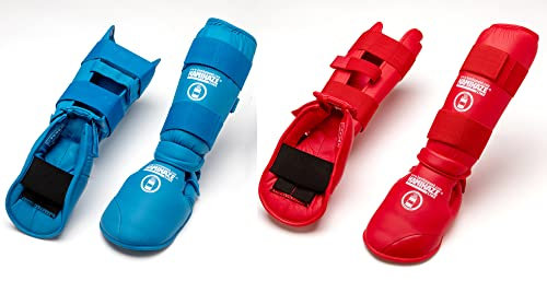 Espinilleras y Protectores de pie KAMIKAZE para Karate, homologadas RFEK Real Federación Española de Karate (Azul, L)