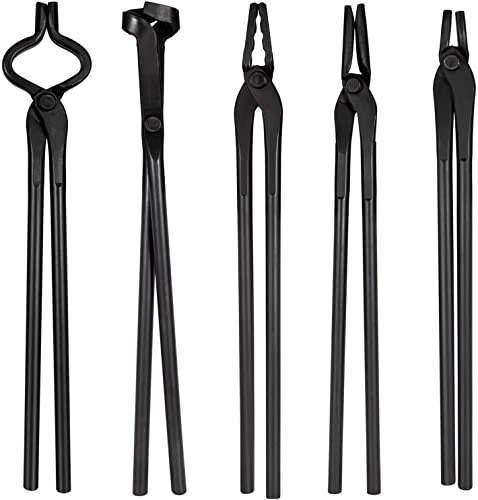 Schmiedezangen-Set für Amboss, Messerherstellungs-Set, 5-teilig, inkl. flacher Zange, quadratischer Backenzange, Bolzenzange, Klingenzange und Wolfsbackenzange