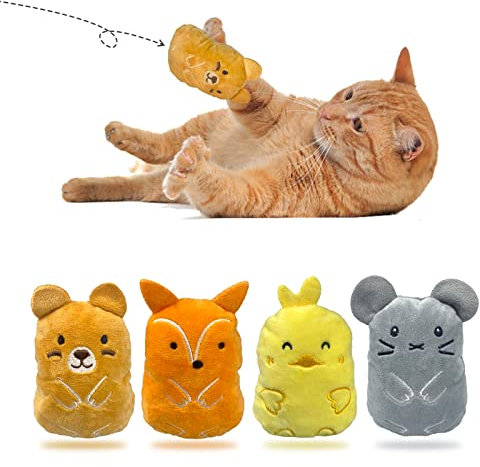 Andiker 4Pcs Cat Catnip Toys, Interactive Cute Cartoon Cat Plush Toys, Soft Kitten Chew Toys Cat Pillow for Playing Teeth Grinding Cleaning (Animal)