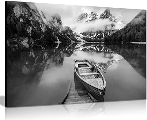 Panther Print Fine Art Prints Black & White Lake Braies Artistic Framed Canvas Print, Pictures for Home Walls, Bedroom, Living Room & Bathroom Decor 61x41cm (24x16in)