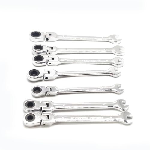 Juego de 7 llaves combinadas de 6 mm a 12 mm con cabezal pivotante flexible, llave combinada de carraca para garaje, herramienta métrica