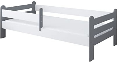 kiki design Kinderbett mit Matratze | 160x80 cm | KiefernholzLattenrost | Skandinavisches Design | Rausfallschutz |Kinderbetten für Mädchen und Junge |grau