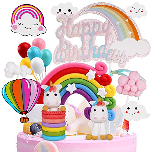 OSDUE Einhorn Tortendeko Geburtstag, Einhorn Kuchendeko, Macaron Kuchen Deko, Happy Birthday Tortendeko, Kuchen Topper Einhorn, Regenbogen, Happy Birthday, Wolke, Ballon für Kinder Mädchen Junge