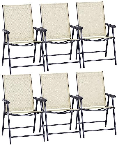 Outsunny Set of 6 Folding Garden Chairs, Metal Frame Garden Chairs Outdoor Patio Park Dining Seat with Breathable Mesh Seat, Beige