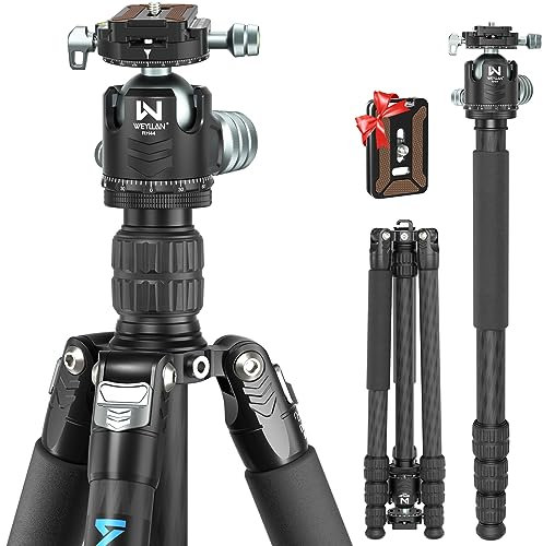 WEYLLAN FX6 Carbon Fiber Reisestativ, 174.5cm Tripod Carbon Fiber, Reisestativ aus Kohlefaser Mit 44mm Doppelter Panorama Low Profile Kugelkopf, Videostativ für Kamera, Maximale Traglast 20kg