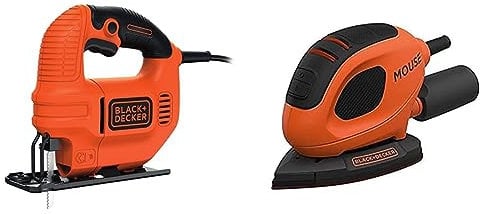 BLACK+DECKER 400 W Compact Jigsaw Power Tool with Blade and Kitbox, KS501-GB & BLACK+DECKER 55 W Detail Mouse Electric Sander with 6 Sanding Sheets, BEW230-GB