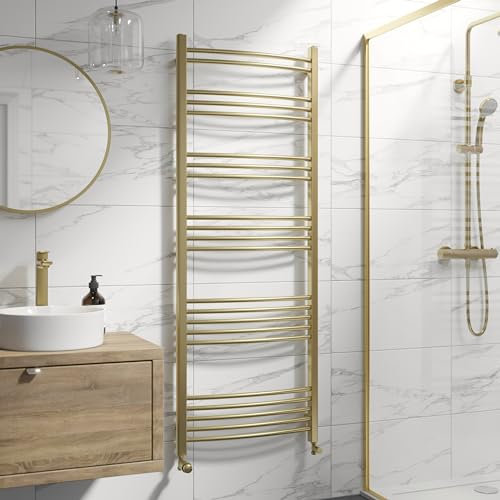 DuraTherm® 1600 x 600mm Curved Heated Towel Rail Radiator Modern Central Heating Bathroom Warmer Wall Mounted Ladder Rad, Brushed Brass