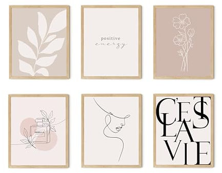 TwoDays Vanilla Girl Room Decor, Clean Girl Ästhetische Wandkunst, Boho-Poster für Schlafzimmer, minimalistische cremefarbene Drucke, abstrakte braune Bilder für Mädchen (20,3 x 25,4 cm, 6er-Set,