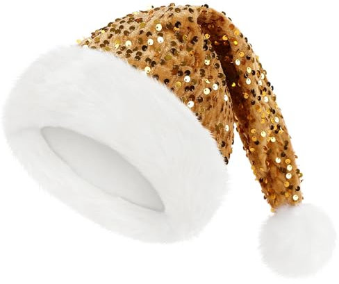 POPOYU Weihnachtsmütze Pailletten, goldfarben, flauschige Weihnachtsmannmütze für die Weihnachtsfeier Pailletten1P