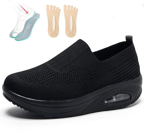 PTKG Orthopädische Schuhe Damen Sommer Sneaker, 2023 Neu Luftpolster Mesh Diabetiker Turnschuhe Mit Luftkissen, Weich Bequeme Slip on Walkingschuhe Sandalen Sportschuhe,Schwarz,38EU