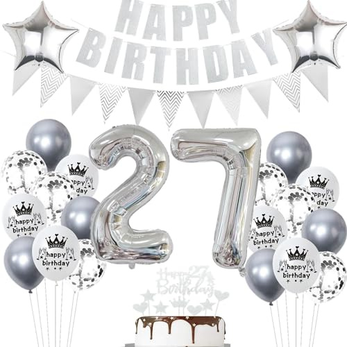 Geburtstagsdeko 27 Jahr Silber,Luftballon 27. Geburtstag Silber,Ballon 27. Geburtstag Silber,27 Party Mädchen Jungen,27 Luftballons Silber, 27 Jahr Ballon 27 Tortendeko