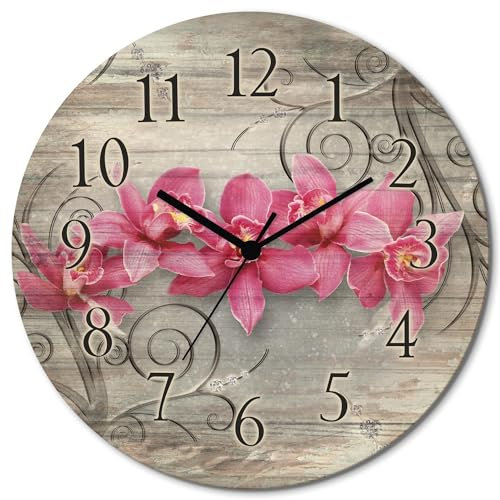 ARTLAND Wanddeko Wanduhr ohne Tickgeräusche aus Holz Funkuhr lautlos rund Ø 30 cm rosa Orchideen auf Ornamenten U1QT Blumen Pflanzen Orchidee