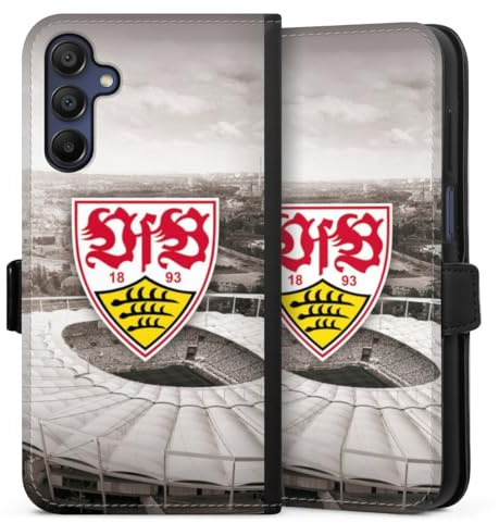Klapphülle kompatibel mit Samsung Galaxy A15 Handyhülle aus Kunst Leder schwarz Flip Case VfB Stuttgart Offizielles Lizenzprodukt Stadion