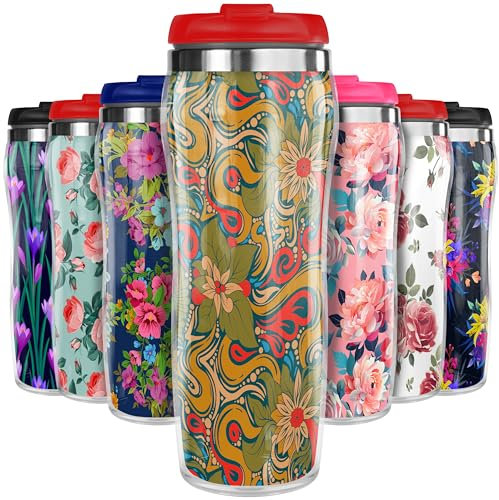 Pixly® Cultural Batik Pattern of Flowers and Leaves Thermal Travel Mug Coffee Tea Flask, 400ml/14oz Capacity, Flower, Floral Pattern - Floral Batik