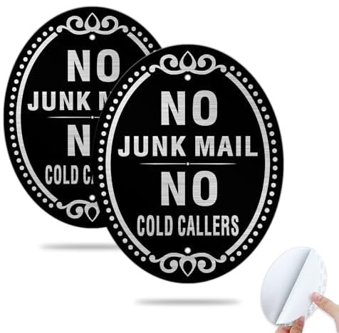 Goodvia No Cold Callers Sign for Front Door Aluminum Brushed, No Junk Mail Sticker for Letterbox Metal Self Adhesive 4.7x5.9 Inches Black x2