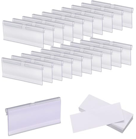 sourcing map 60pcs Basket Labels Clip 3.5 x 1.7 Inch Plastic Removable Storage Bin Labels Tags with Label Papers for Baskets, Storage Closet, Cube Box, Cloth Bins, Food Pantry, Clear