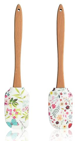 EPCDBBRT 2 Pieces Floral Silicone Spatula - Wooden & Silicone Cooking & Baking Spatula Set