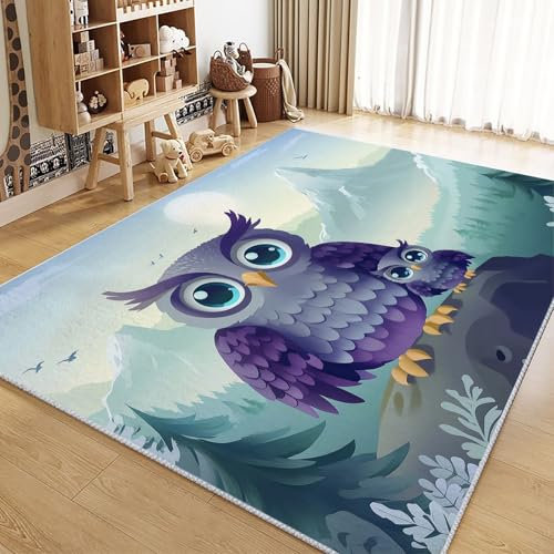 Generisch Wohnzimmer Teppich 140x200cm Cartoon-Eule Kiefern Berge Waschbarer Teppich, Weicher Kurzflor Teppich, rutschfest Teppiche für Schlafzimmer, Esszimmer, Kinderzimmer