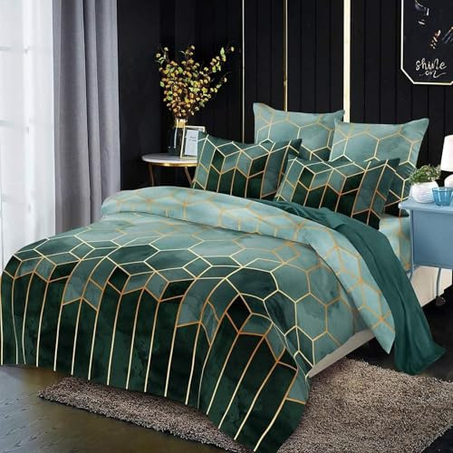 Freyamy Bettwäsche 220x240 cm Grün Geometrische Kariert Wendebettwäsche Marmor Modern Microfaser Doppelbett Bettbezug mit Reißverschluss und 2 Kissenbezug 80x80cm