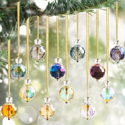 FOGAWA 12PCS Christmas Tree Crystal Ball Ornaments 20MM Glass Baubles Christmas Decorations Rainbow Prism Balls Suncatcher for Xmas Party Outdoor Indoor Wedding Party Home Decor