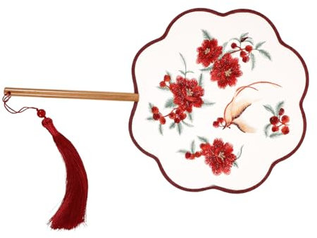 VINTORKY Eight Petal Court Fan Chinese Round Fan Silk Dance Fan Embroidery Round Fan Tassel Circular Fan Ancient Hand Fan Ancient Style Fan Dance Silk Paddle Fan Retro Fan Wooden Handle Red